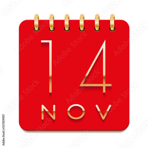 14 day of the month. November. Luxury calendar daily icon. Date day week Sunday, Monday, Tuesday, Wednesday, Thursday, Friday, Saturday. Gold text. Red paper. Vector illustration.