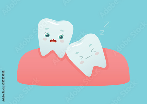 Cartoon impacted tooth in the gum. Teeth impaction cute scene for kids dental clinic. Sleeping wisdom tooth.