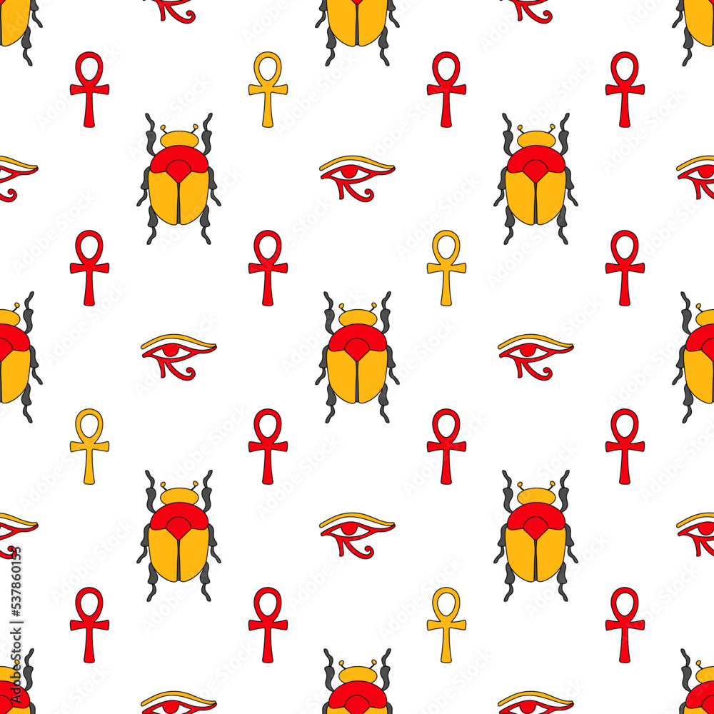 Vector seamless pattern with hand drawn colored symbols of Egypt . Pattern on the theme of travel and tourism. Background for use in design, packing, web site, fabric