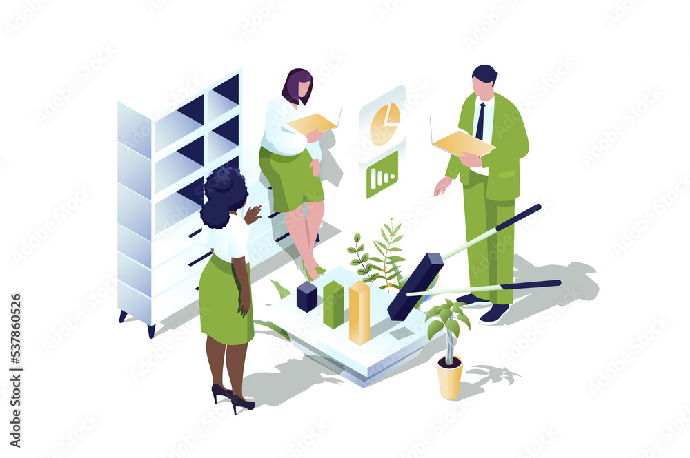 Business statistic web concept in 3d isometric design. People brainstorming and accounting in office, analyzes data, making financial report with charts or market research. Web illustration.