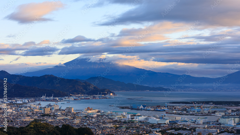 Cityscape at morning view and industry zone shipping port international and fuji mountain background in japan