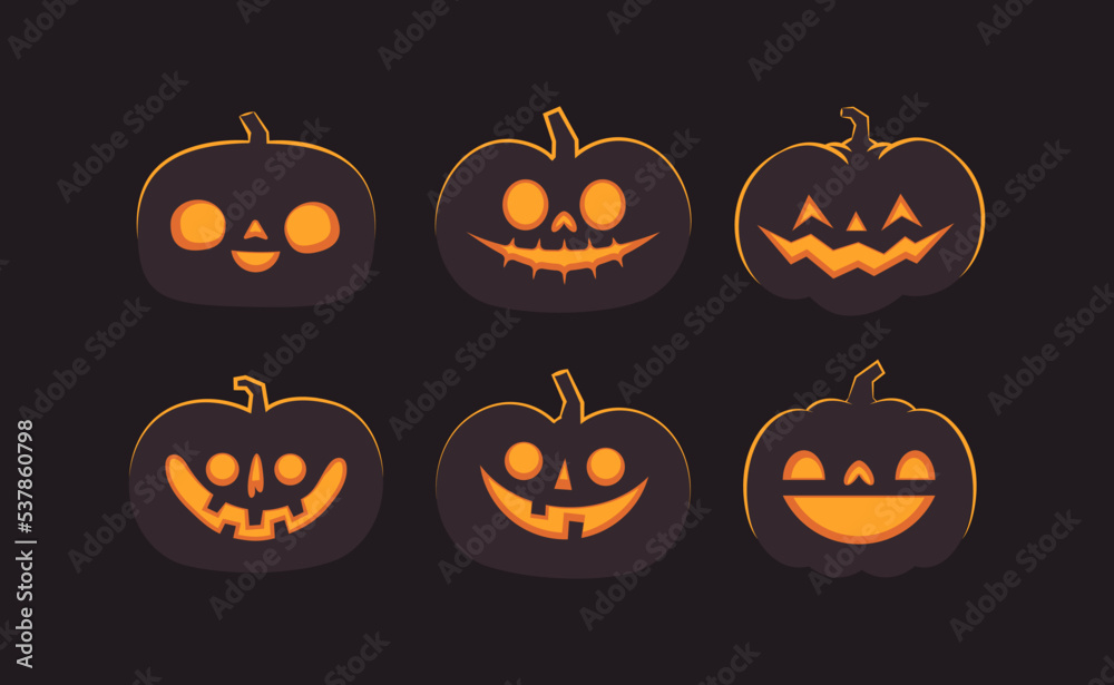 Set of carved halloween pumpkins. Jack o Lantern glowing inside with smile for your design for the holiday. Cute and fun vector illustration.