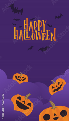 Happy Halloween logo, in vertical background for social media post. Clouds and bats, spooky elements.