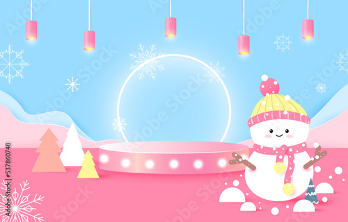 Podium for placing products. blue and pink background.paper cut. Christmas Day, snowman. Version 2.