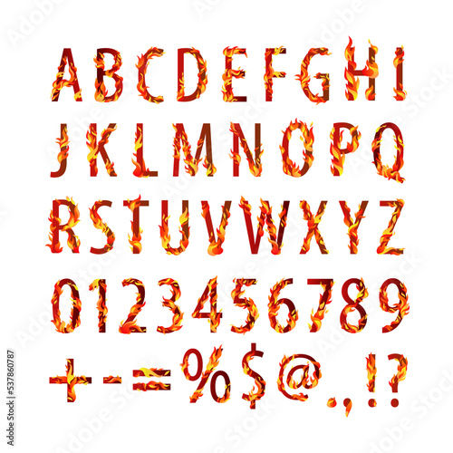 Vector burning alphabet, digits and signs. Symbols with flaming fire