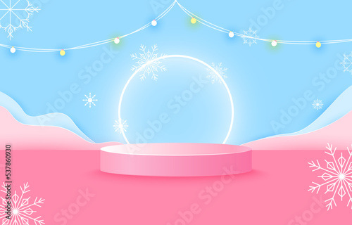 Podium for placing products. blue and pink background.paper cut. Christmas Day