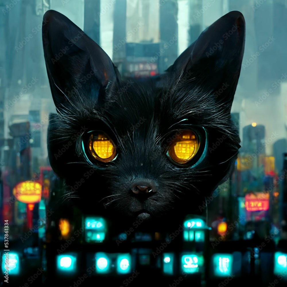 3d render design of a huge head of a mythical black cat with yellow ...