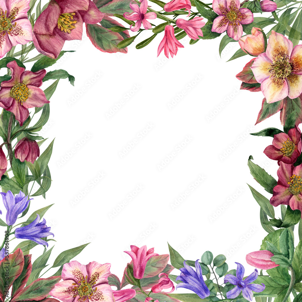 Watercolor romantic frame with hearts and flowers on a white background. For create Valentine's day, birthday, mother's day, wedding cards. Template for decorating designs and illustrations.