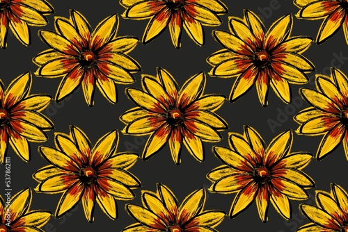 Seamless pattern. Beautiful yellow large rudbeckia or daisy flowers on a black background. Sunflowers wallpaper.