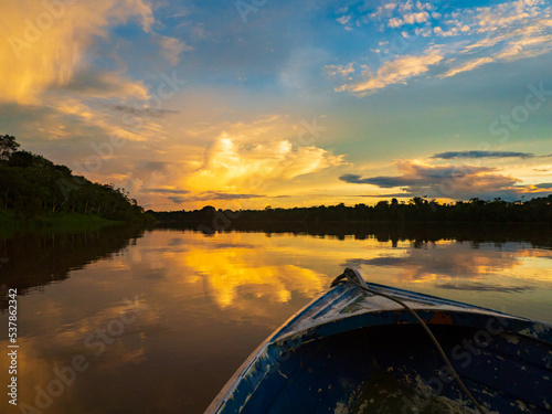 Travelling by boat into the depth of Amazon during the hight water season. Selva on the border of Brazil and Peru. Javari Valley (Valle del Yavarí) Amazonia, South America.