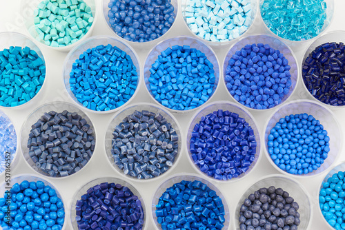 different blue colored plastic resins in laboratory