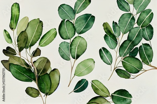 Watercolor floral card of eucalyptus leaves, seeds and branches. Hand painted silver dollar eucalyptus bouquet isolated on white background. Illustration for design, print, fabric or background. © 2rogan