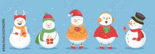 Cute Christmas snowman. Vector set of winter holidays snowmen in different costume with xmas gift, cup of cacao, songbook, book.  Winter icon for greeting card, festive poster, sticker, web banner.