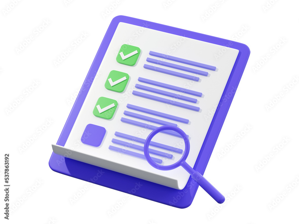 Survey checklist, 3d render illustration, transparent background