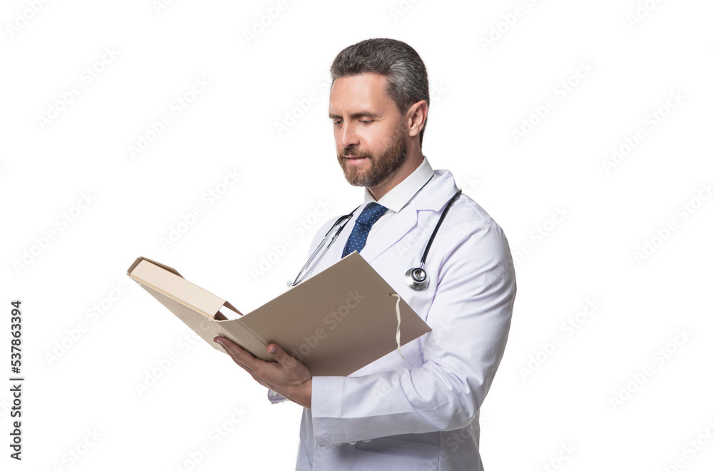 doctor with folder. doctor isolated on white. doctor read medical record doctor with folder. doctor isolated on white. doctor read medical record