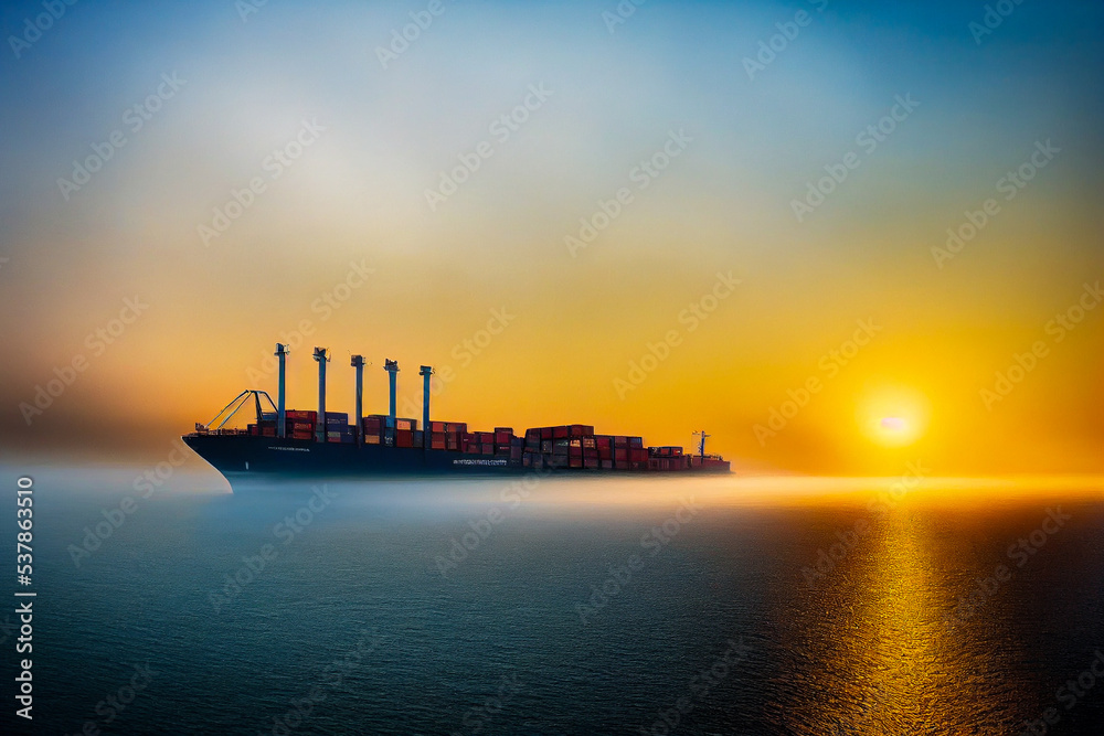 Giant container ship on the sea, symbol of growing international transport and successful logistics