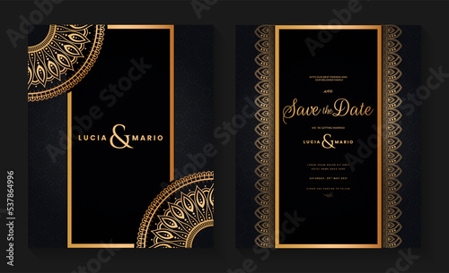 Luxury wedding invitation card design with golden mandala and abstract pattern, Arabic Islamic east background style, Decorative ornamental mandala for print, poster, cover, flyer, and banner.