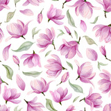 Watercolor Pattern with Pink Magnolia and green leaves. Hand drawn Seamless floral Background with cute Flowers for textile design or wrapping paper. Hand drawn illustration