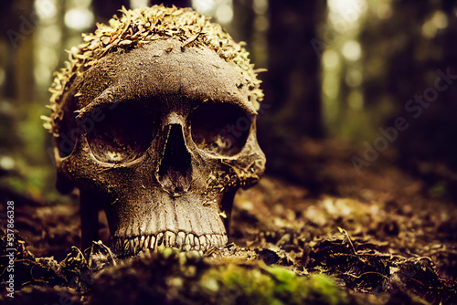 3d illustration of a human skull found alone in a forest, of a dead man, morbid atmosphere