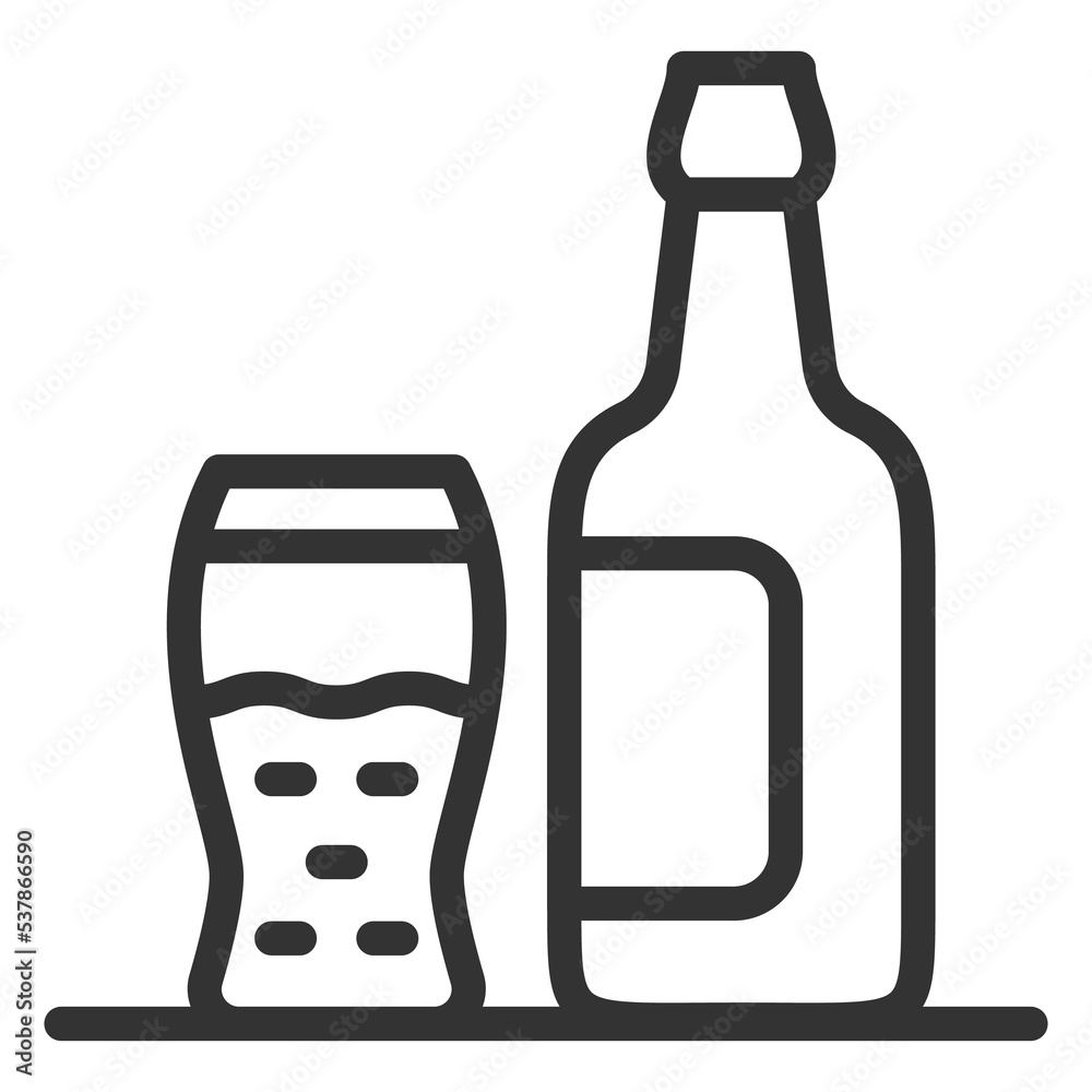 Glass of beer and open bottle - icon, illustration on white background, outline style Glass of beer and open bottle - icon, illustration on white background, outline style