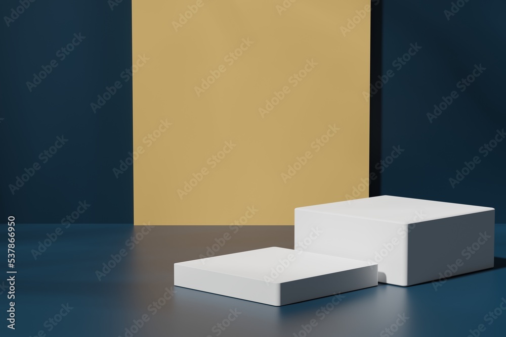Two white podiums on a blue and yellow background, 3d render Two white podiums on a blue and yellow background, 3d render