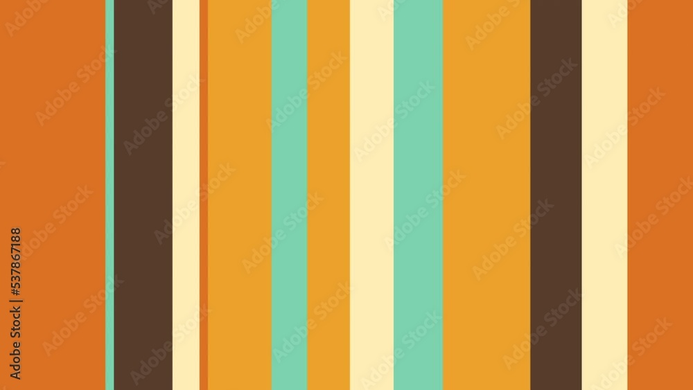 Colorful retro 1970s striped pattern background with gently moving vertical stripes in warm vintage color tones. This simple motion background animation is 4K and a seamless loop.