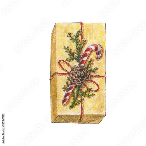A packed holiday gift for Christmas. A gift box decorated with Christmas symbols. The symbol of the celebration of the holiday. A hand-drawn watercolor illustration highlighted on a white background.