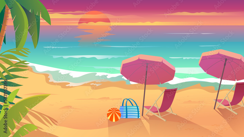 Summertime vacation at sea resort landing page in flat cartoon style. Sunset on seaside, sandy beach, sun loungers with umbrellas, palms and tropical plants. Illustration of web background
