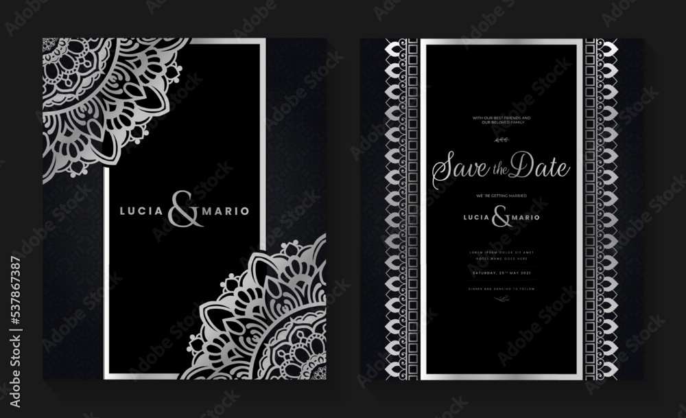Luxury wedding invitation card design with silver mandala and abstract pattern, Arabic Islamic east background style, Decorative ornamental mandala for print, poster, cover, flyer, and banner.