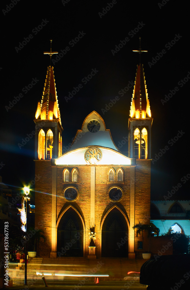 church at night with golden lights, puerto vallarta jalisco 