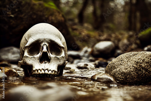 Human skull of a dead man's corpse, River and moving water, 3d realistic illustration