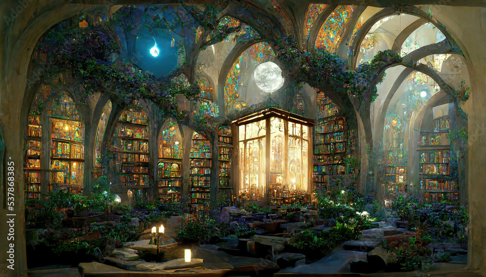 AI generated image of an ornate magical library with fairy lights, ornamental plants and gothic arches
