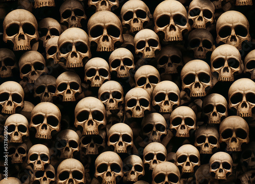 Texture and macabre background composed of human skulls, catacomb style, 3d illustration