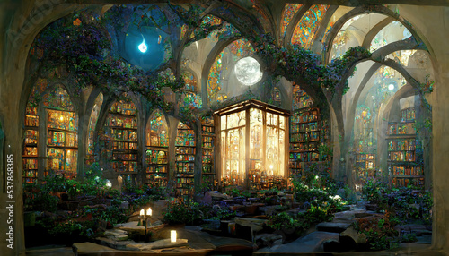 AI generated image of an ornate magical library with fairy lights, ornamental plants and gothic arches photo
