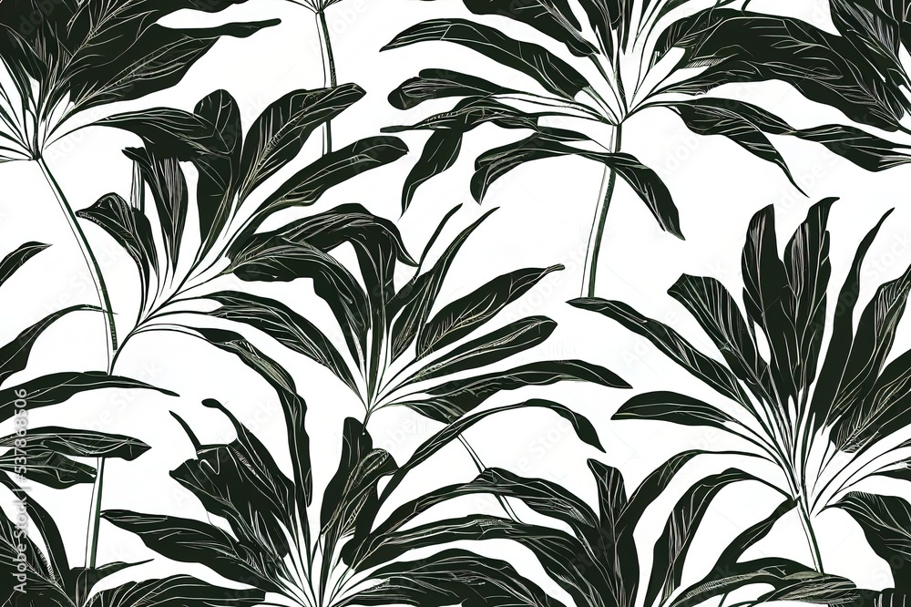 Dark Monotone 2d tropical seamless pattern on black and white with palm tree, leaves ,plants ,exotic trees ,in the forest.