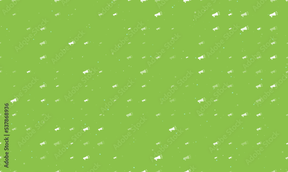 Seamless background pattern of evenly spaced white megaphone symbols of different sizes and opacity. Vector illustration on light green background with stars