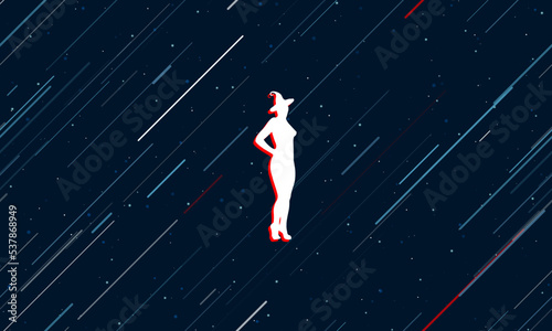 Large white sexy witch symbol framed in red in the center. The effect of flying through the stars. Vector illustration on a dark blue background with stars and slanted lines