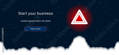 Business startup concept Landing page screen. The emergency stop sign on the right is highlighted in bright red. Vector illustration on dark blue background with stars and curly clouds from below