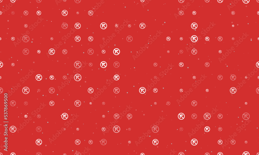 Seamless background pattern of evenly spaced white no right turn signs of different sizes and opacity. Vector illustration on red background with stars Seamless background pattern of evenly spaced white no right turn signs of different sizes and opacity. Vector illustration on red background with stars