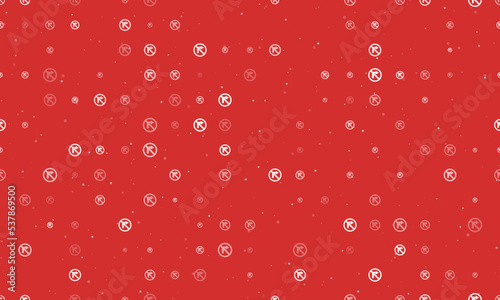 Seamless background pattern of evenly spaced white no right turn signs of different sizes and opacity. Vector illustration on red background with stars