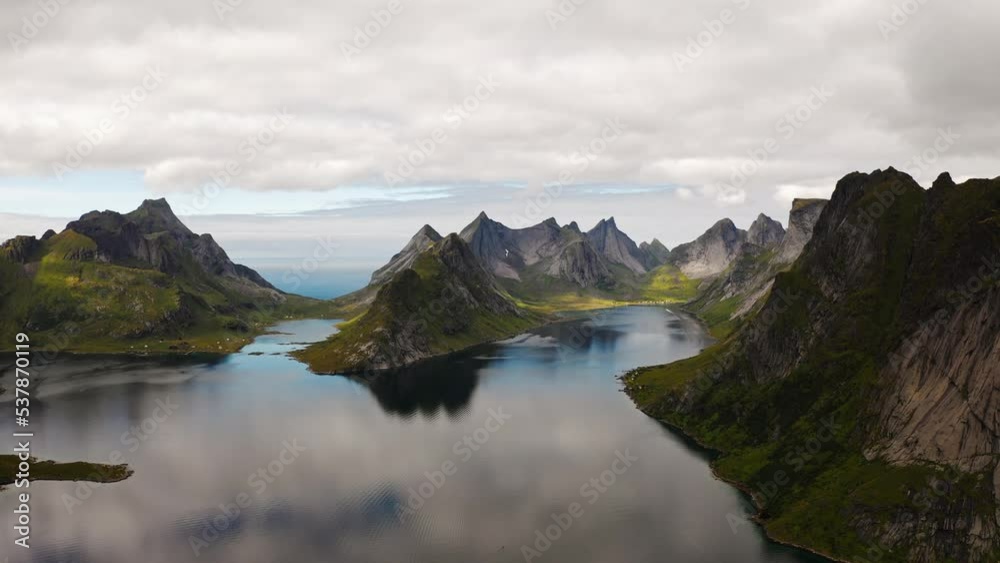 Evening sunset Lofoten Islands Norway. Reine Lofoten is an archipelago in the county of Nordland, Norway Evening sunset Lofoten Islands Norway. Reine Lofoten is an archipelago in the county of Nordland, Norway