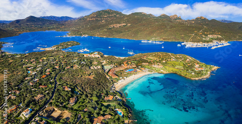 Italy summer holidyas . Sardegna island - stunning Emerald coast (costa smeralda) with beautiful beaches. aerial view of Ira beach