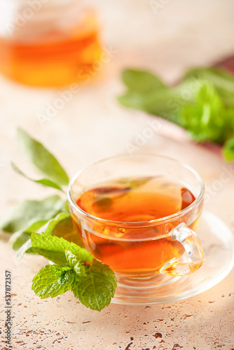 Sage mint herbal tea in a glass cup with fresh leaves on wooden background. Natural medicine and healthy herbs concept. Copy space