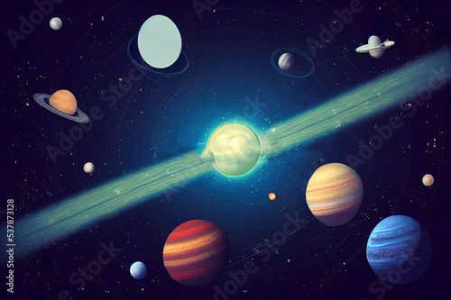 Planets in outer space with satellites  falling meteor and asteroids in dark starry sky. Galaxy  cosmos  universe futuristic fantasy view background for computer game. Cartoon 2d illustration