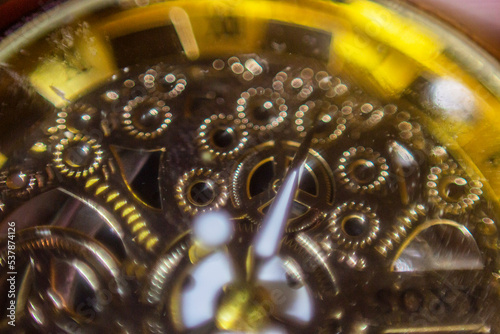 Gold plated clock mechanism in close-up