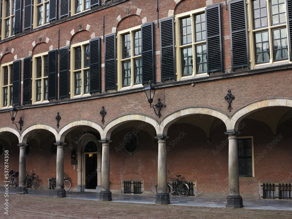 Historic Building with Archway at the Binnenhof Courtyard in The Hague, Netherlands