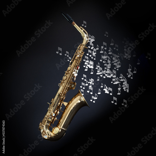 Saxophone with musical notes coming out the bell