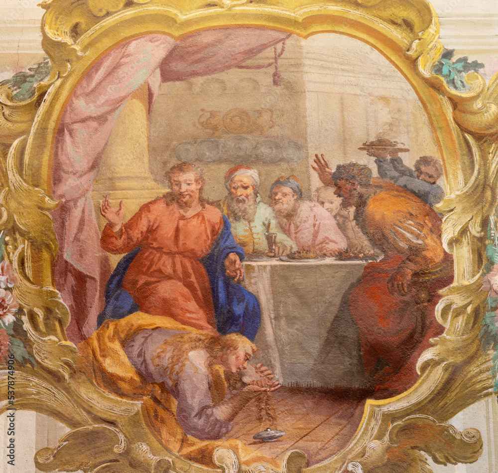 CHIAVENA, ITALY - JULY 20, 2022: The fresco ofThe Supper Of Jesus by Simon the Pharisee in the church San Lorenzo Filippo Fiori e Giovanni Maria Giussani from Como (1759).