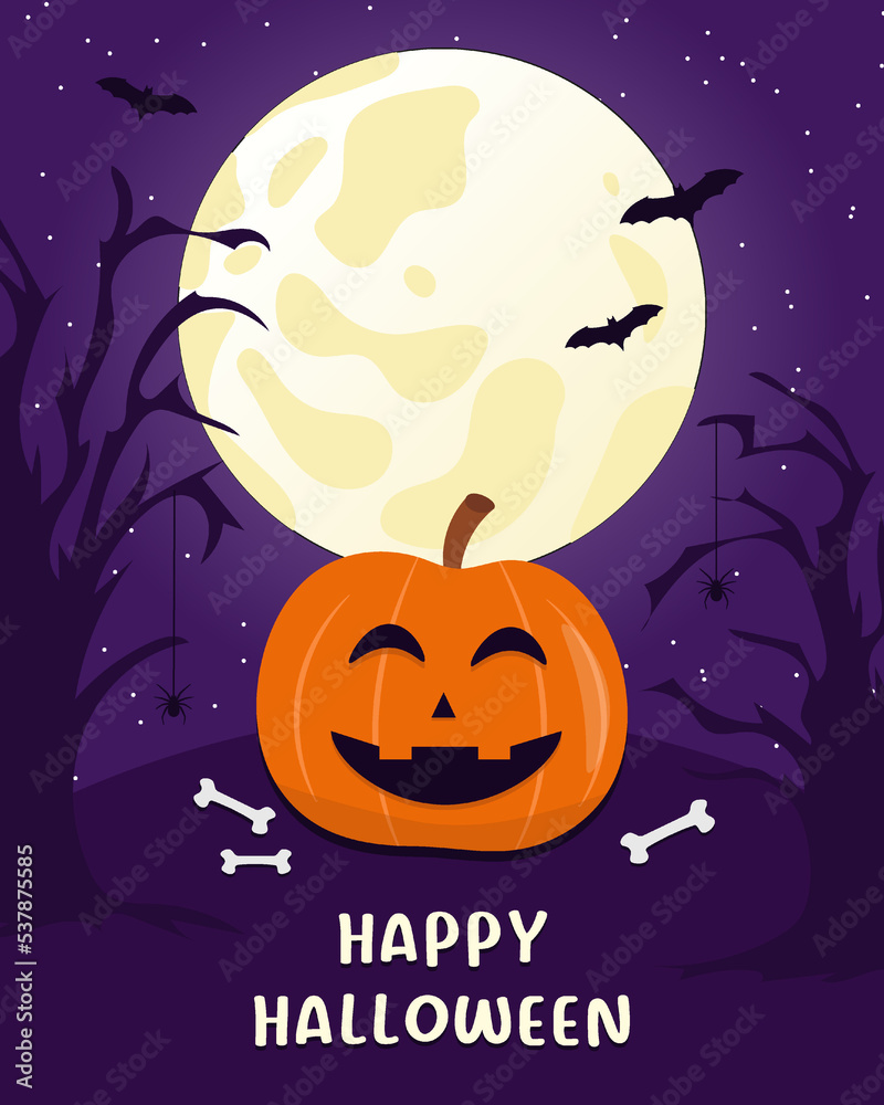 Happy Halloween Background vector illustration, flyer. Moon, trees, spiders with halloween pumpkin on purple background.