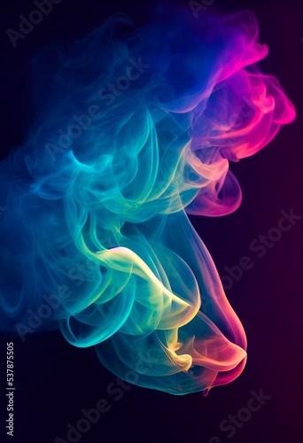 Computer generated dynamic coloured smoke mist effect against a black 3D illustration background. A.I. generated art.